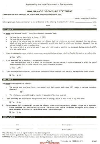 DAMAGE DISCLOSURE STATEMENT (IOWA)
